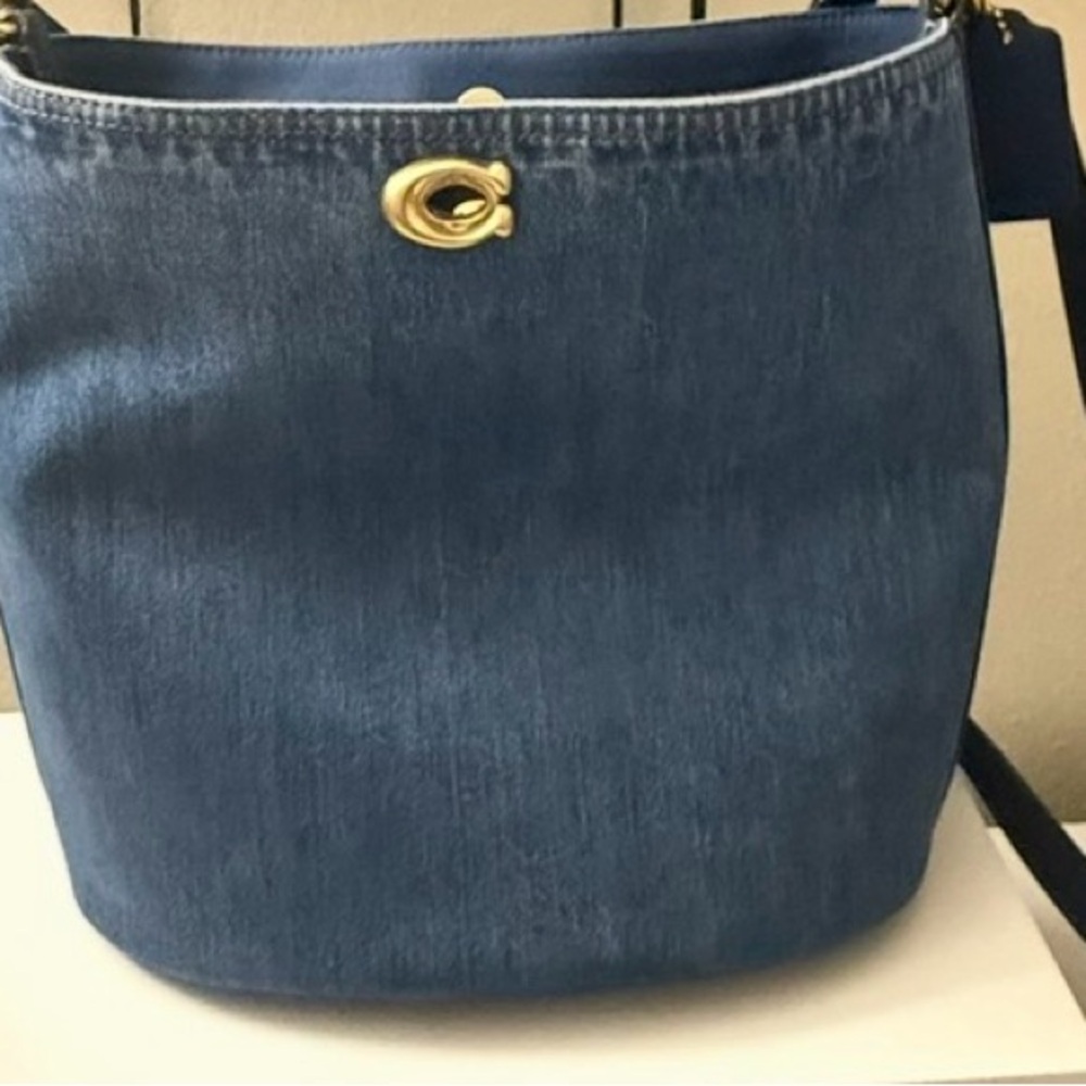 Denim Blue Bucket Crossbody Bag with Gold Accent